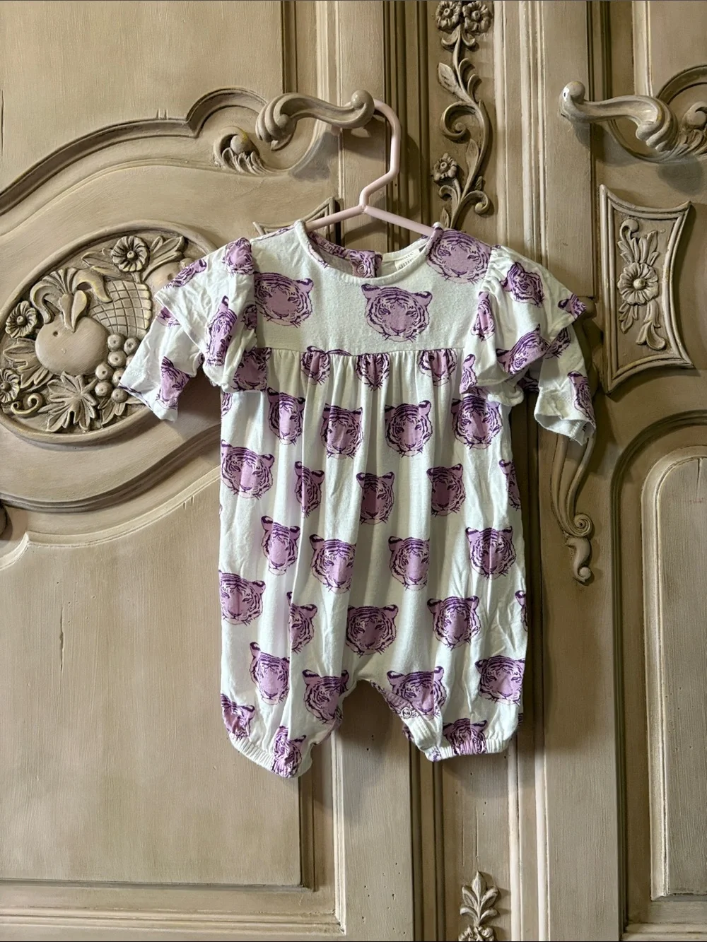 kate quinn Cream One-Piece Footie with Purple Tiger Faces